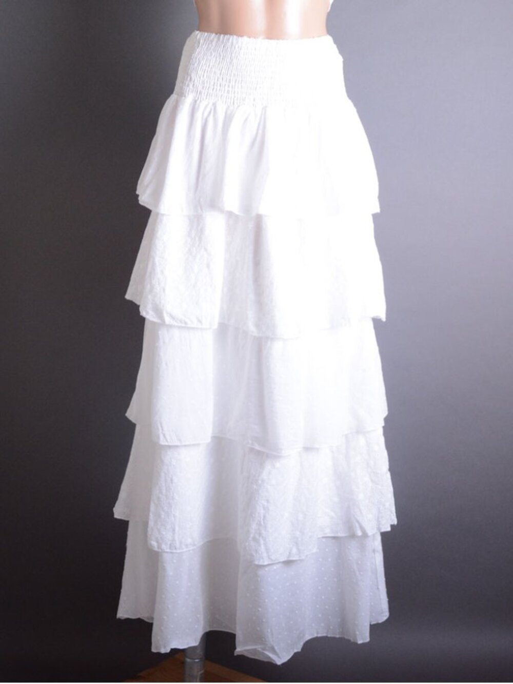 White Summer Beach Tiered Layer Bohemian Ruffle Smocked Stretch Long Maxi Skirt